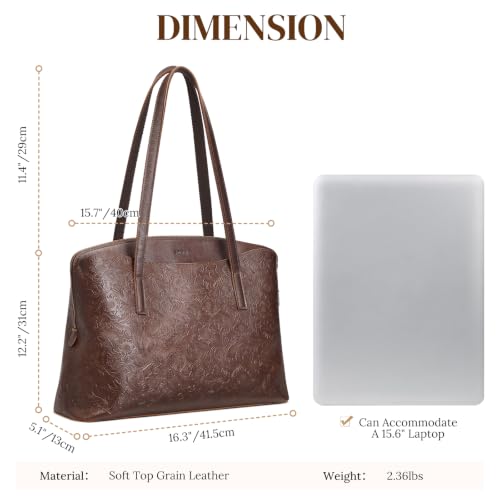 Image of S-ZONE Leather Tote Bag for Women Large Capacity Shoulder Handbags Purses | Full Grain Leather, Large Capacity, Fits 15.6-Inch Laptop, Work or Commute, Bottom Metal Feet