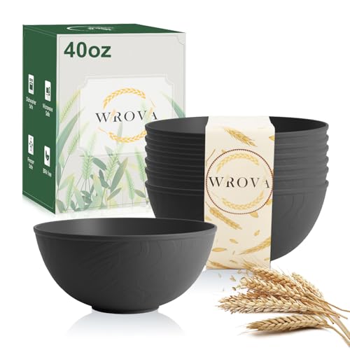 Wrova Black Cereal Bowls 40oz for Cereal Lover Unbreakable Alternative Plastic Bowls Set of 6 Extra Thick Anti-Scald Bowl Sets suitable for Salad Soup and Fruit.