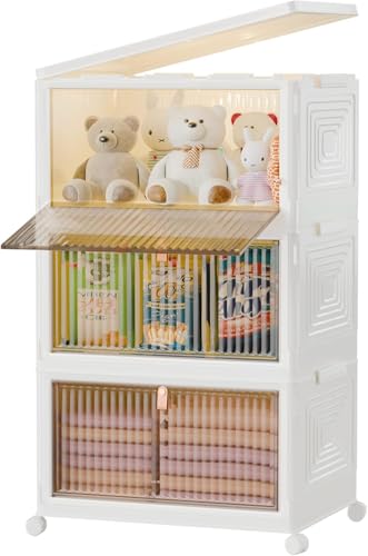 Image of Strassis Design 3 Door Portable Plastic Wardrobe for Bedroom | Large Clothes Almirah with Hanging Rod & Storage Shelves | Dustproof Transparent Doors | Movable Cabinet with Wheels (White)