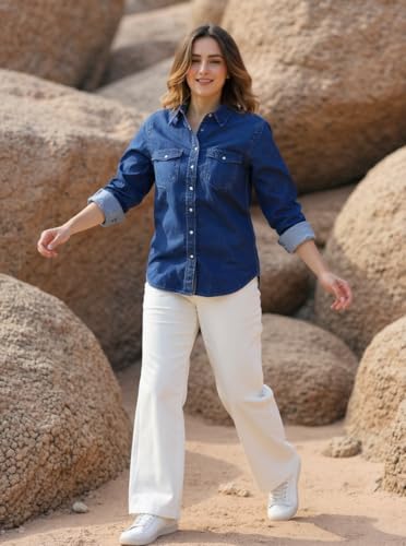 Image of Blue Denim Shirt for Women and Girls Regular Fit LoSF Sleeve Collared Neck Button Down Stylish Casual Wear Ladies Shirt 29