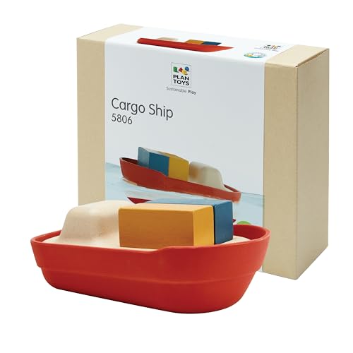PlanToys® Cargo Ship Bath Toy for Toddlers | Floating Boat with Cargo Blocks for Water Play | Montessori Educational Toy | Eco-Friendly Bathtub Toys for Kids