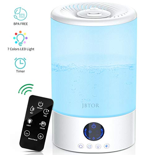 JBTOR Cool Mist Humidifier, 3L Ultrasonic Air Humidifier Essential Oil Diffuser for Large Bedroom, Home Baby with Remote Control, 7 Color Mood Lights, Adjustable Mist Output, Auto Shut Off
