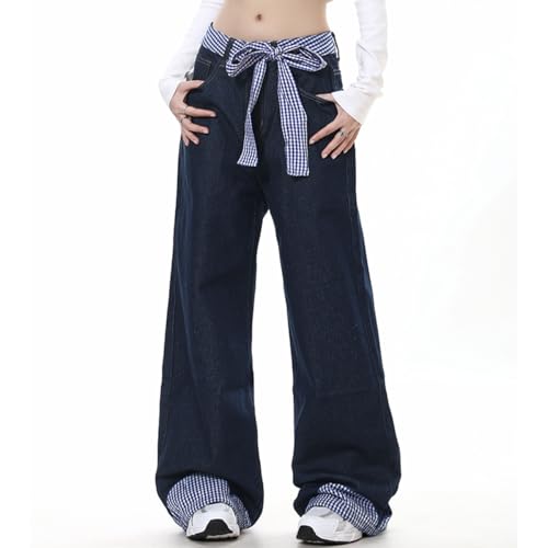 Fashion High Waisted Straight Leg Jeans Y2K Casual Cute Plaid Bow Tie Drawstring Patchwork Denim Pants4