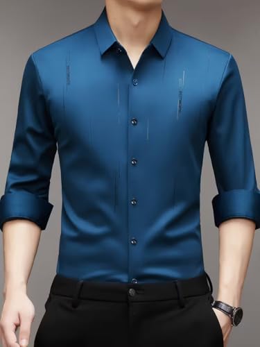 Image of IndoPrimo Men's Regular Fit Satin Designer Shirt with Stylish Vertical Line Sequence | Long Sleeve Formal & Casual Button Down Shirt for Casual and Party Look