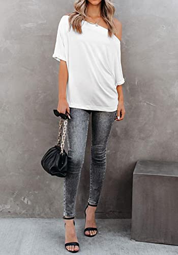 Revetro Women's Off Shoulder Short Sleeve Shirts Oversized Pullover Loose Tunic Tops White Large #TOP4