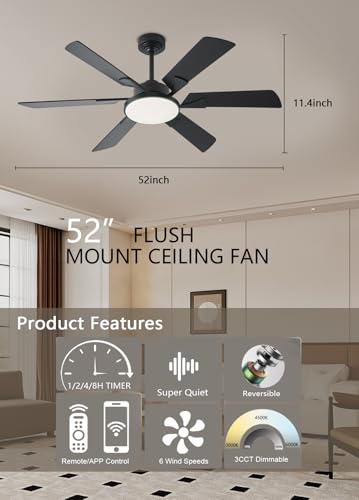 Image of JSAITEE 52 Inch Low Profile Ceiling Fan with Lights, Remote & APP Control, 3CCT Dimmable, 6 Blades 6 Speed Ceiling Fans, Quiet Reversible DC Motor, Modern Black Ceiling Fan for Bedroom Living Room