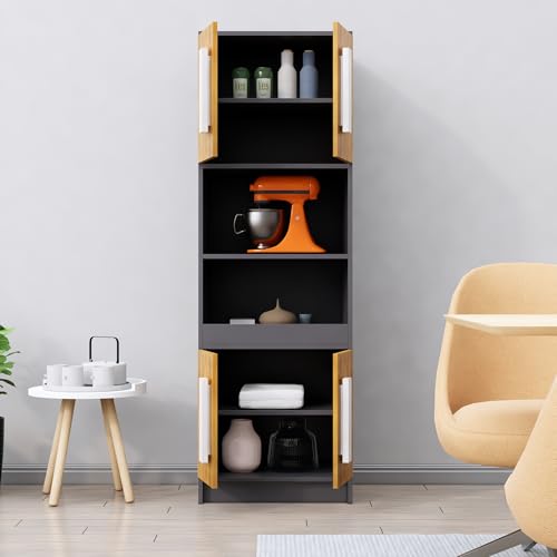 Image of Bniture Multipurpose Crockery Cabinet | Engineered Wood Kitchen Cabinet Modern with 4 Doors & Shelves | Crockery Unit for Dining Area | Kitchen Crockery Cabinet for Home | Slate Grey & Giant Wood