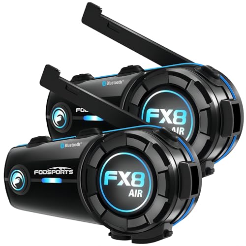 Fodsports FX8 Air Intercomunicador Casco Moto, Manos Libres Moto con Compartir Música, 1200M Sistema de Comunicación de 4 Vías, Auriculares Bluetooth para Casco Motocicleta/ATV
