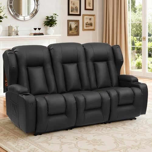 Image of Loveseat Recliner Sofa with Flip Middle Seat,3 Seater Reclining Couch Wall Hugger Recliners for Small Spaces,PU Leather Manual 3 Seater Sofa Recliner with Cup Holders /Lumbar Pillows,RV Furniture,Black