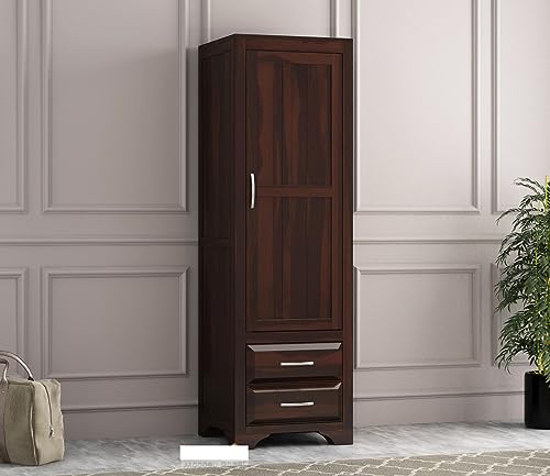 Image of Sheesham Wood Wooden Single Door Wardrobe Organizer for Clothes | - Solid Wood Almirah with 2 Drawers, 2 Shelves with Hanging Space - Cupboard for Large Bedroom (Design 9)