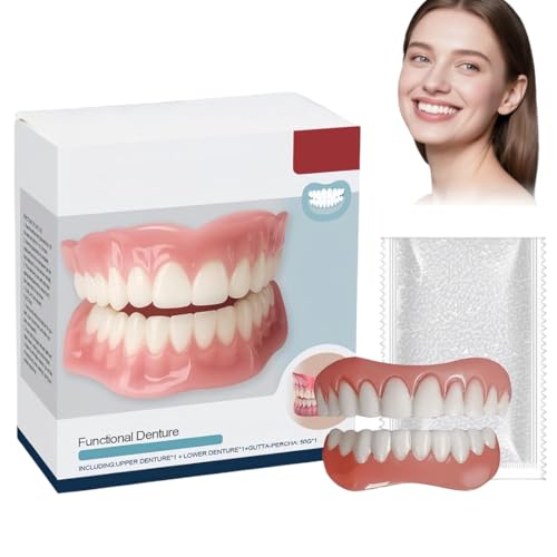 VRYNDH Denti finti temporanei regolabili – Dentiera superiore e inferiore –faccette cosmetiche rimovibili per diastema o denti mancanti, Include 20 g di colla dentale
