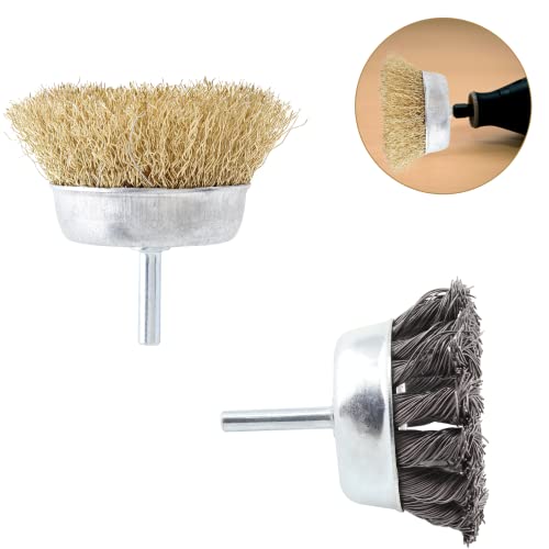 Image of 2PCS Cup Wire Wheel Brush Set, 3 Inch Carbon Steel Knotted Cup Brush and Brass Coated Crimped Wire Drill Brush Set, 1 /4 Inch Shank Brush Kit Rotary Buffing Brush Wheel, Rust Removal Tool Set