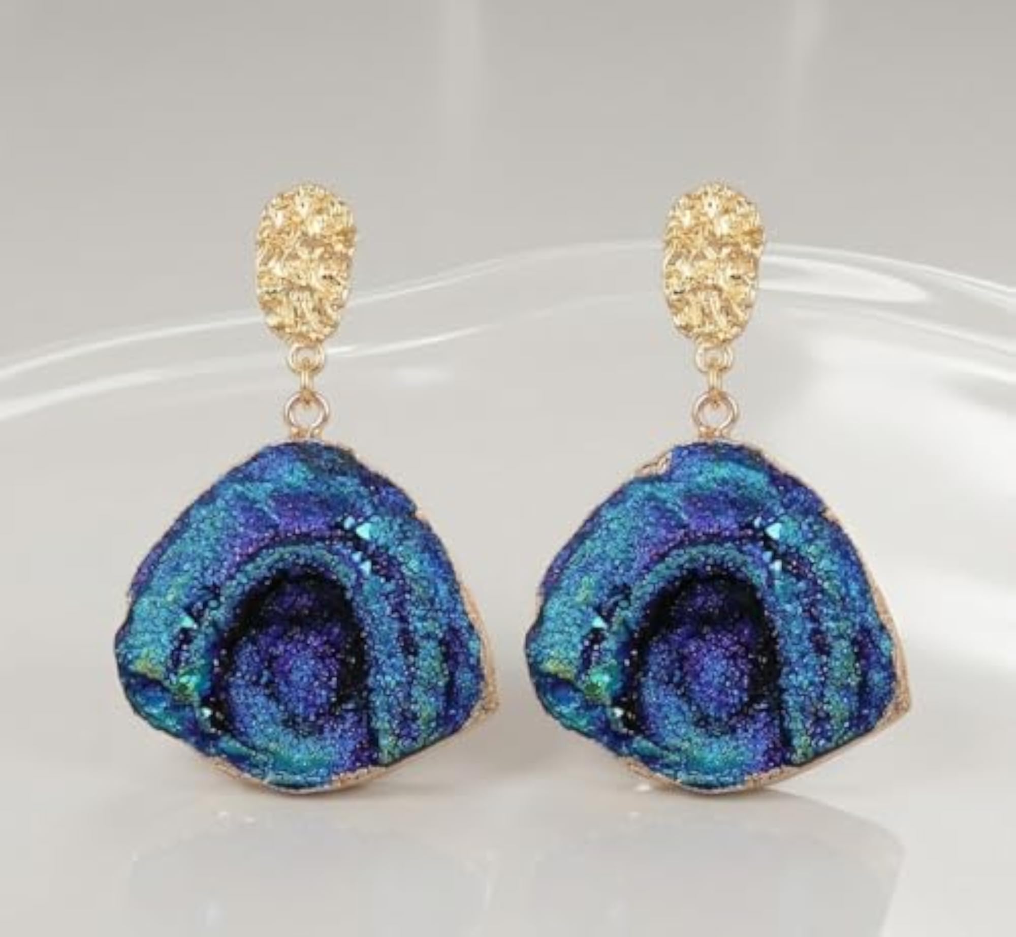 Blue Iridescent Druzy Geode Drop Earrings for Women