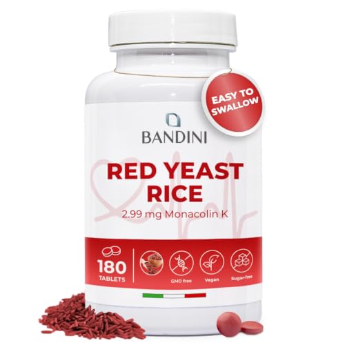 Bandini Red Yeast Rice from Monascus purpureus | 180 Easy-to-Swallow Tablets (6 Months) 99.7mg red Rice - 2.9mg Monacolin K | No fillers 100% Vegan Non-GMO Laboratory Tested
