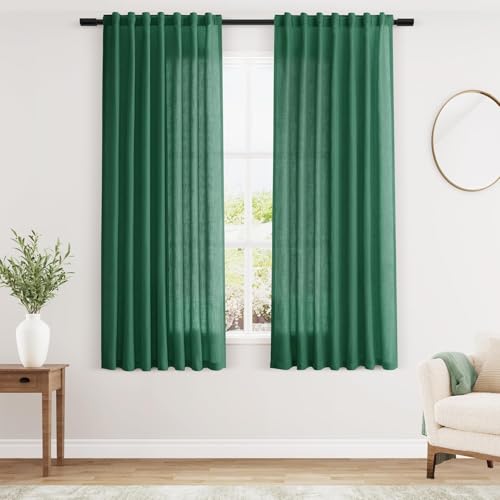 Image of Linen Curtains 63 Inch Long for Living Room Back Tab Dark Green