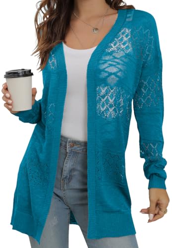 GRECERELLE Women's Lightweight Crochet Long Sleeve Loose Casual Open Front Cardigan Drape Sweaters Boho Summer Beach Coverups