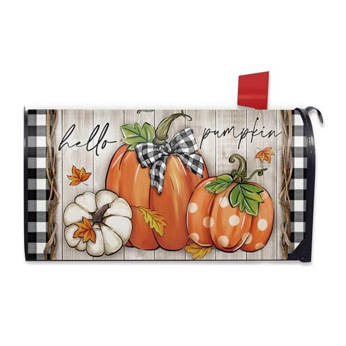 Image of Fall Hello Pumpkin Welcome Mailbox Cover Magnetic Standard Size 20.5 inch x 18 inch, Autumn Thanksgiving Decorative Post Letter Box Wrap Decor, Farmhouse Rustic Garden Yard Outdoor Decoration