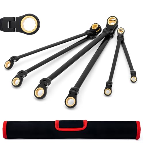 Image of Mayouko Extra Long Flex-Head Ratcheting Wrench Set, 6-Piece Anti-Slip Double Box End Wrenches Set, Metric 8-19 mm, 72-Teeth,12Point, CR-V Steel and Black Electrophoretic Coating Wrenches with Pouch