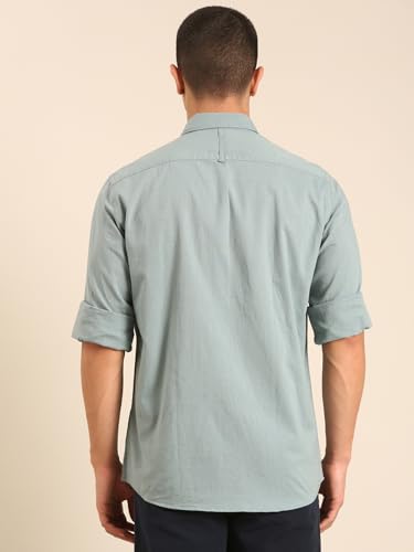 Image of Cavallo by Linen Club Men's Blended Linen Sage Solid Contemporary Fit Full Sleeve Casual Shirt