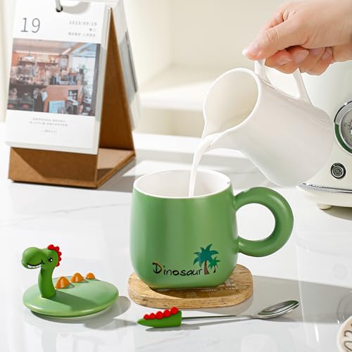 NQQNQQ Be-G Dinosaur Mug with Lid and Spoon, 400ML Ceramic Coffee Mug for Tea & Coffee, Cute Dinosaur Gift for Christmas, Holiday Teacup for Women. (Dino/Green) - image 7