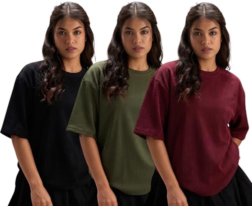 Image of RodZen Women Half Sleeve Polycotton Rib Textured Oversized Tshirt|Drop Shoulder|Loose Fit Tshirt|Stretchable
