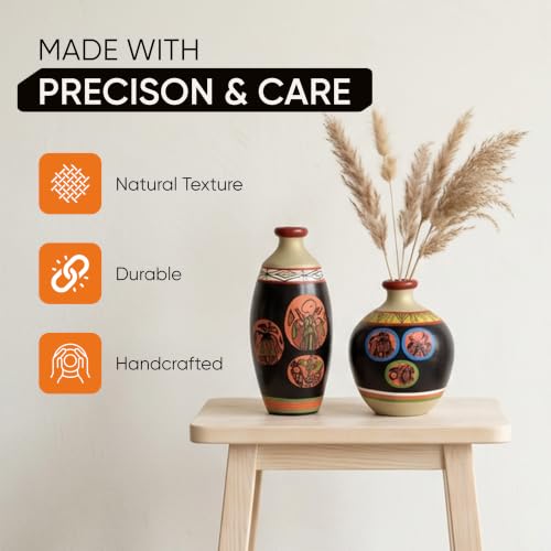 Image of Aakriti Art Creations Black Earthen Terracotta Vases Set of 2 with Madhubani Tattoo Art | Handmade Matte Finish Decorative Flower Vases for Living Room Table Decor & Home Gifting