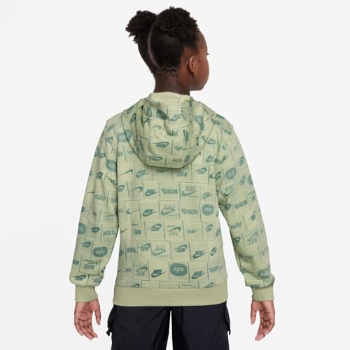 Nike Sportswear Club Fleece Big Kid's Printed Pullover Hoodie (US, Alpha, X-Small, Regular, Olive Aura/White)3