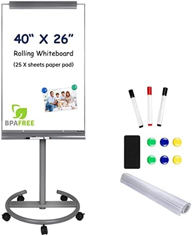 TSJ OFFICE Mobile Standing Whiteboard - 40 x 26 Inches Dry Erase White Board Tripod Whiteboard with Rolling Stand Flipchart Easel Height Adjustable