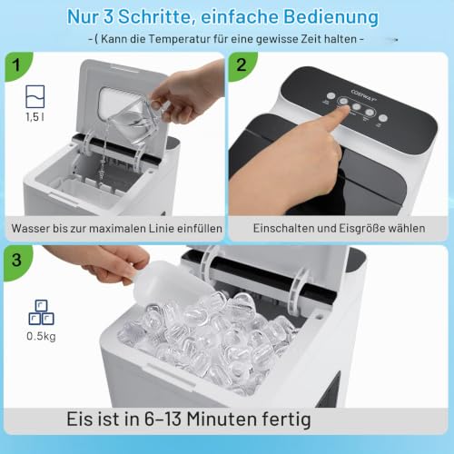 Foto von RELAX4LIFE Eiswürfelmaschine Tragbar, Eiswürfelbereiter 9 Eiswürfel in 6-13 min, 15 kg/24H, 1,5 L Wassertank, Ice Maker mit LED-Display Touchscreen, Eismaschine mit Selbstreinigung Schaufel (Weiß)