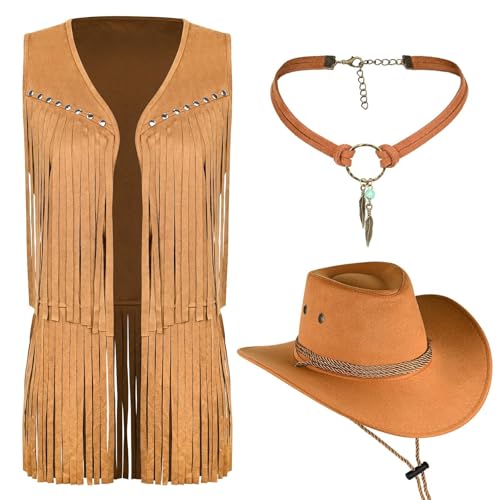 Cowgirl Western Outfit, Tassel Vest for Women 60s 70s Hippie Faux Suede Sleeveless Fringe Rivets Jacket with Cowboy Hat and Leather Necklace for Fancy Dress Costumes M