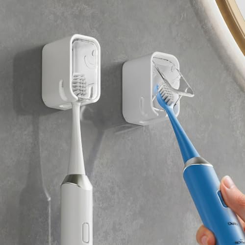 Image of HASTHIP 2PCS Wall Toothbrush Holder, with Dustproof Cover & Clear Window, Self-Adhesive Vertical Toothbrush Storage, Quick Dry, Removable Design-Transparent