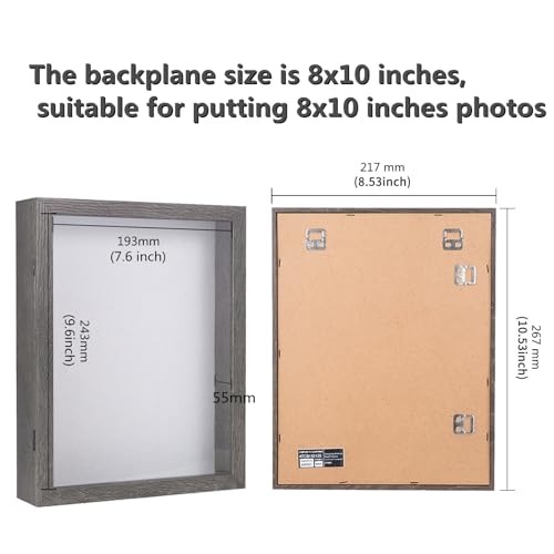 Muzilife 8x10 Shadow Box Picture Frame - 2.16\" Interior Deep Wood & Glass Display Case Ready to Hang Memory Box Baby Sports Memorabilia, Pins, Awards, Tickets, and Photos (Texture Gray) - Thumbnail 2