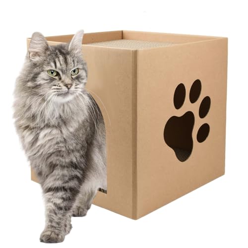 猫 爪とぎ キャットハウス 爪研ぎハウス ダンボール 30 x 30 x 30 cm 組立簡単 猫 バリバリ おしゃれ 丈夫 耐久 通気 猫爪研ぎベッド 足跡模様 家具破壊防止 運動不足改善