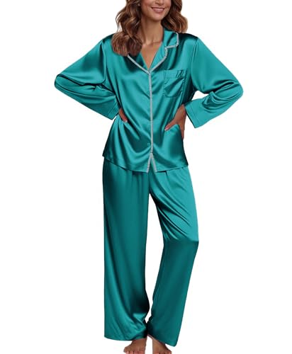 Image of Ekouaer Pajamas For Women Set Silk Pjs 2 Piece Satin Sleepwear Long Sleeve Button Down Lounge Sets With Pant