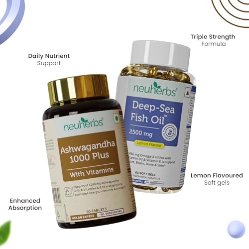 Image of Neuherbs Deep Sea Omega 3 Fish Oil 2500 Mg Capsules & Ashwagandha 1000 Mg Combo for Men & Women- 60 units Each |892 Mg EPA and 594 Mg DHA |Supports Lean Muscle, Strength & Immune Health., 260 grams