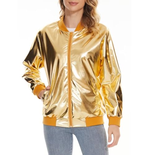 jeecoin Women's Sparkle Metallic Jacket Long Sleeve Zipper Party Bomber Jacket with Pockets2
