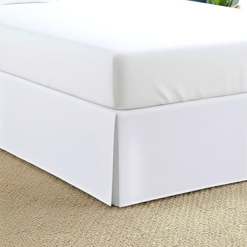 White box-pleated King bed skirt with tailored corners — shows the single-fabric box pleat construction along the sides