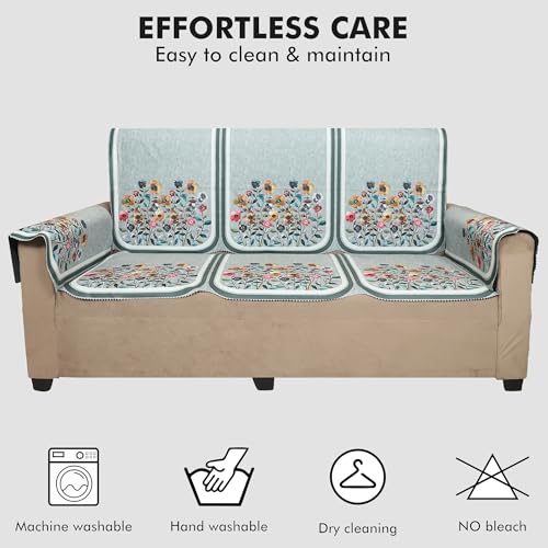 Image of Velvet 3 Seater Sofa Cover with 6 Seat and Back Covers, 2 Hand Rest Covers - Floral Design - Washable Fabric - Stylish Sofa Cover for Modern Living Room (Light Green, 3 Seater With Arm Cover)