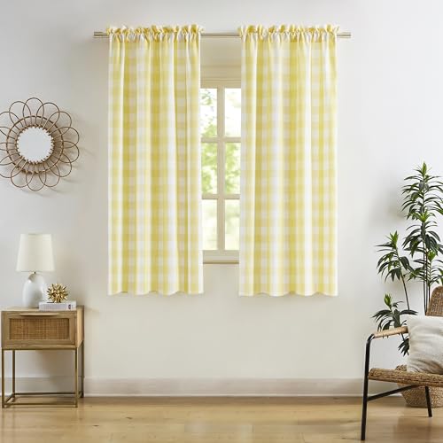 Bapawfish Yellow White Buffalo Plaid Semi Sheer Curtains 63 Inches Length