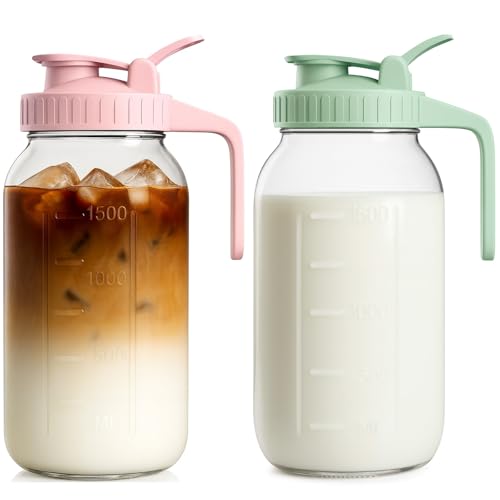 2 Pack - 64oz Glass Breast Milk Pitcher with Lid & Spout, Leakproof Mason Jar Breastmilk Pitcher - Wide Mouth, Airtight 2 Quart Water Jug for Milk Storage, Breastmilk, Sun Tea, Iced Coffee, Juice by VA1KENE - Used condition - US$26.59
