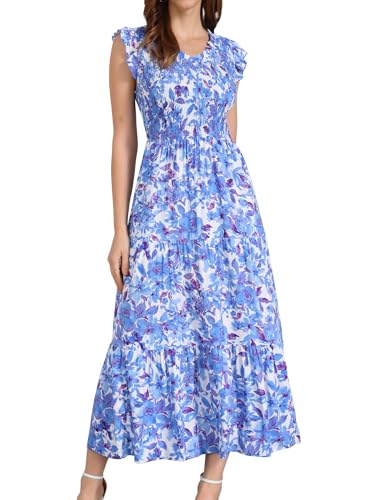 Image of Seta T Women's Summer Dresses Casual Ruffle Sleeveless V Neck Floral Sundress Flowy Smocked Beach Maxi Dress