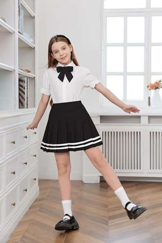 Image of Betusline Girls Skirt Set JK School Uniform 2-Piece Outfit - Short Sleeve Shirt with Bow & Webbing Style Solid Pleated Skirt,Webbing Black, 4-5 T = Tag 120
