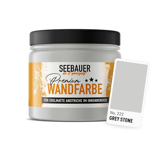 SEEBAUER diy Wandfarbe Grau 300ML für Innen (No. 222 Grey Stone) Edelmatte hellgraue Innenfarbe - Grautöne sehr hohe Deckkraft - Matt, Abwaschbar und Tropffrei