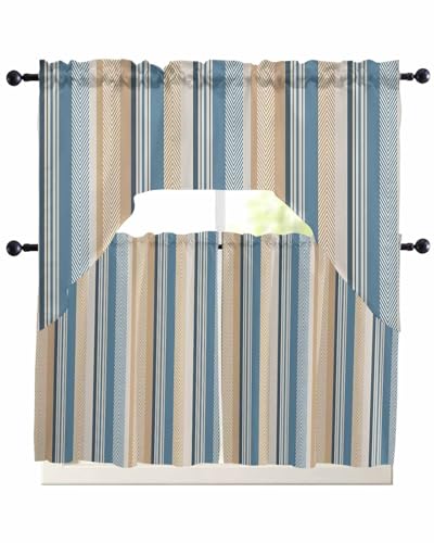 Blue Brown Beige Swag Curtains for Living Room/Bedroom Windows, Boho