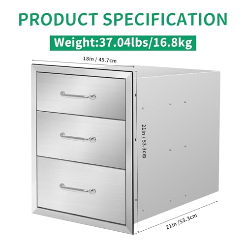 Image of Outdoor Kitchen Drawers 18 inch W x 21 inch H x 21 inch D Stainless Steel Triple Drawers with Ergonomic Handle for BBQ Island, Patio Grill Station & Outdoor Kitchen Cabinets