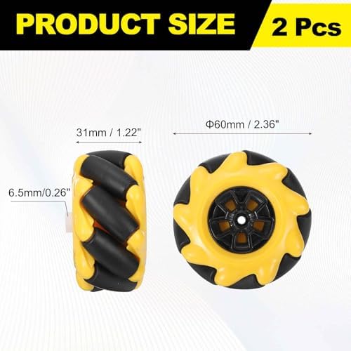 MECCANIXITY 2Pack Mecanum Wheels Set, 60mm / 2.36 ABS Rubber left and right Omnidirectional Wheels for Smart Robot Car Parts DIY Models Accessories, Yellow — 사진 2
