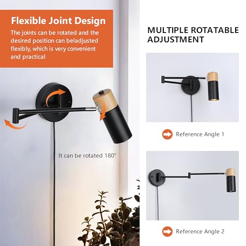 Image of SUNLLOK Modern Black Swing Arm Plug in Wall Sconce - Industrial Adjustable Wood Ceiling Hanging Wall Light Fixture - Indoor Rustic Reading Wall Mounted Lamp Decoration for Living Room Kids Bedroom