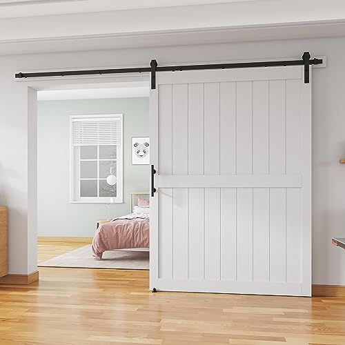 ALAMEDADT 60''x 84'' Sliding Barn Door with 10 Ft Barn Door Hardware Kit& Handle& Floor Guides,Pre-Drilled Holes Easy Assembly - Include Installation Manual, Water-Proof PVC Surface, H-Frame, White