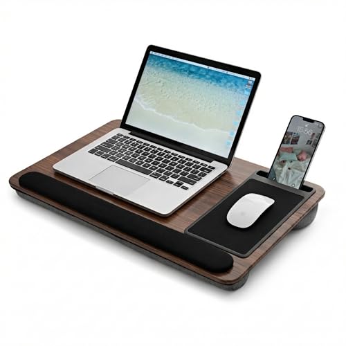 Image of Portable Lap Desk Wood Laptop Tray with Cushion, Lightweight Laptop Stand for Bed Lap Tray with Built-In Mouse Pad, Wrist Rest, Phone Slot, Lap Stand for Sofa and Bed, Brown