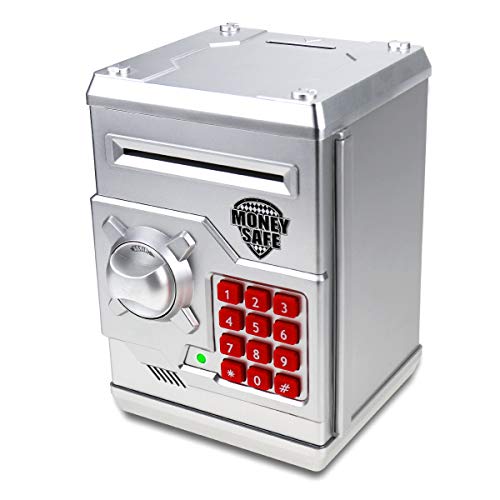 TOPBRY Piggy Bank for Kids ,Electronic Password Piggy Bank Kids Safe Bank Mini ATM Piggy Bank Toy for 3-14 Year Old Boys and Girls (Silver)
